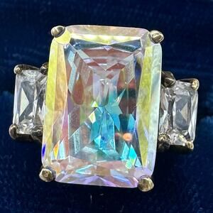 925 sterling silver 3 iridescent AB cubic zirconia cocktail ring size 7